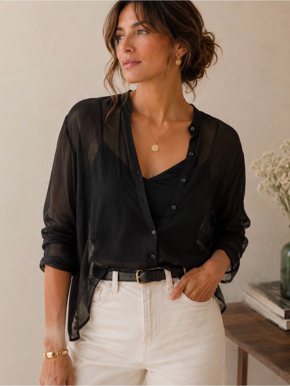 Black front button down blouse